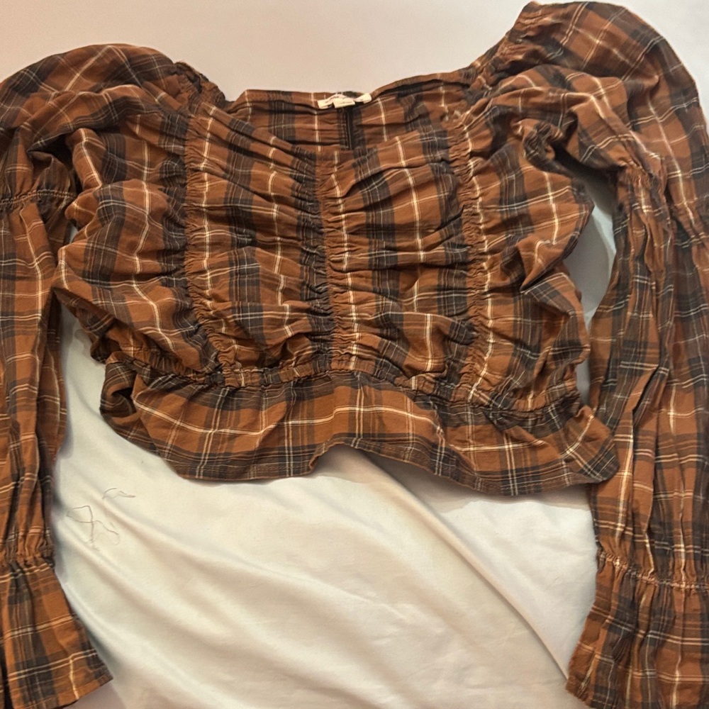 Ultra Pink Plaid Ruched Blouse - Brown and Black